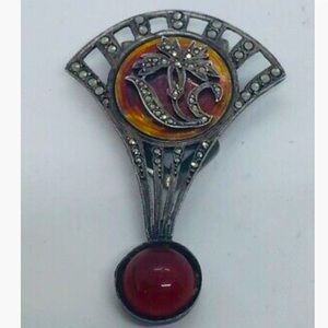 Antique French Art Deco Sterling Silver Marcasite & Enamel Brooch w/ Carnelian